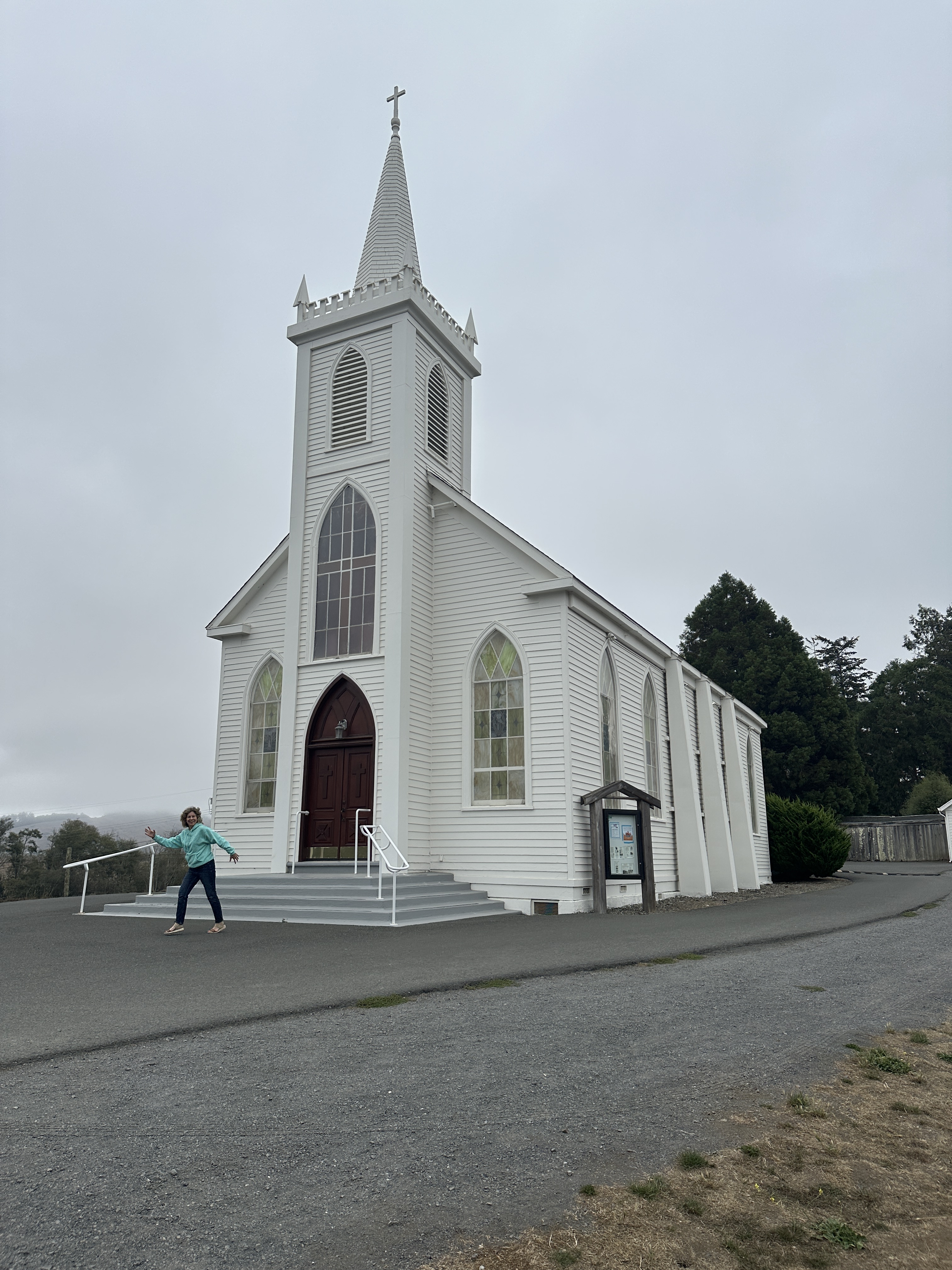 Chris running from the church, fearing those birds.